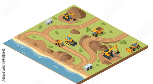 Isometric construction site with yellow excavators and dump trucks working on dirt mounds near a calm blue coastline in a bright sunny setting.