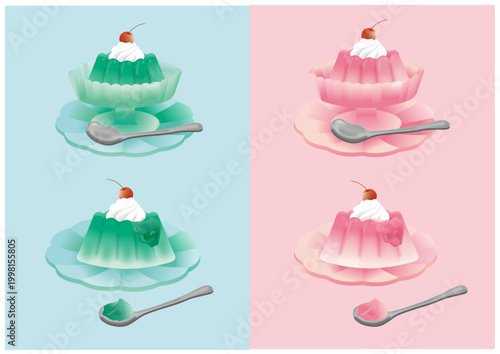 レトロな喫茶店のフルーツゼリー ホイップクリームとチェリー