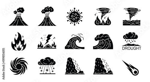 Natural disaster icons set black silhouettes on white background