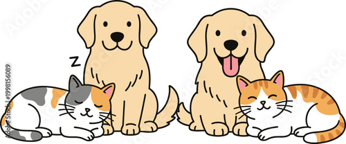 Cute Dog and Cat Cartoon Vector Illustration Set Featuring Sleeping and Happy Pets for Animal Lovers Kids Design Stickers Nursery Prints and Digital Media