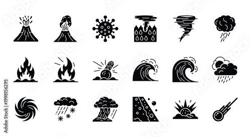 Natural disaster icons set black silhouettes on white background