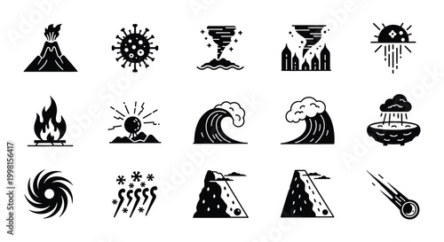 Natural disaster icons set black silhouettes on white background