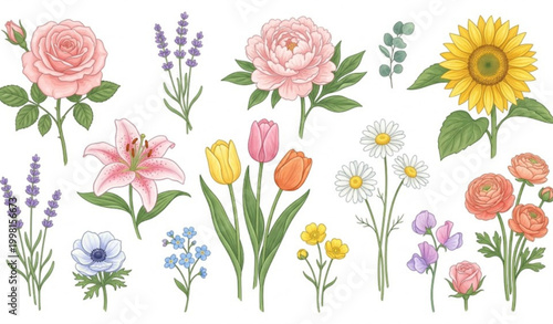 Beautiful Flower Collection Isolated on White Background Floral Vector Set