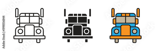 Semi Truck Front View. Front view of a heavy-duty semi truck trailer icon set featuring outline, silhouette, and flat color styles for commercial transportation.