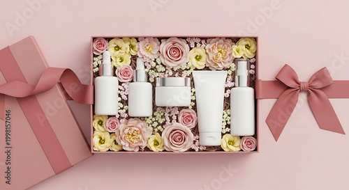 Skincare gift set with flowers and blank cosmetic packaging mockup
