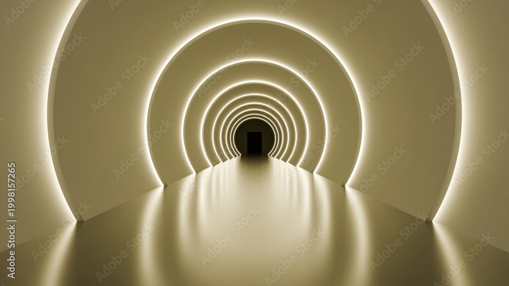 Obraz premium Futuristic minimalist circular tunnel with golden glowing light, 3D architectural render