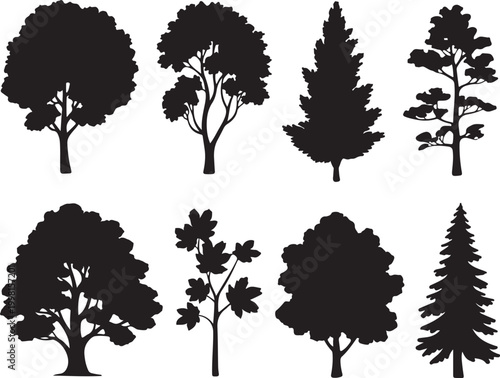 Set of eight varied tree silhouettes displaying different deciduous and coniferous shapes on a bright white background