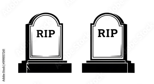 Black and white of two gravestones with rip inscriptions tombstone cemetery