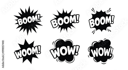 Comic speech bubbles with boom and wow text black and white vector