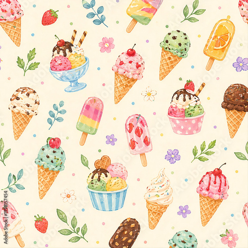Watercolor Ice Cream Pattern with Popsicles and Cones