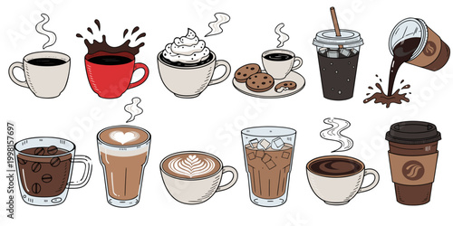 A colorful illustration of twelve coffee beverages and related items arranged in two rows. The top row shows a steaming black coffee, a red cup with coffee splashing out, a whipped‑cream topped cup