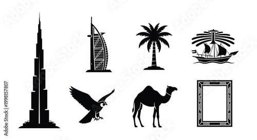 Canvas Print Dubai Landmarks Silhouette Collection Vector Illustration Black and White
