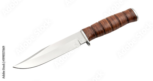 Hunting Knife with Leather Handle and Steel Blade Isolated on Black Background