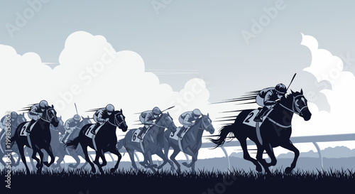 Thoroughbred horse race with jockeys in a competitive sprint across a grassy track under a cloudy sky