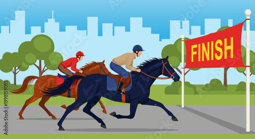 Two jockeys race horses towards the finish line in a thrilling competition on a track with a city skyline in the background