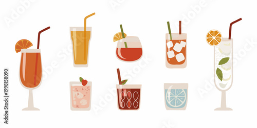 seven colorful cocktails and drinks in glasses vector illustration