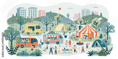 vector illustration of a food truck festival in a park