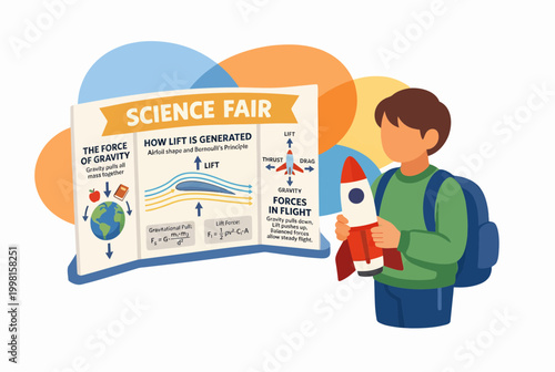 Boy student presenting rocket project at school science fair