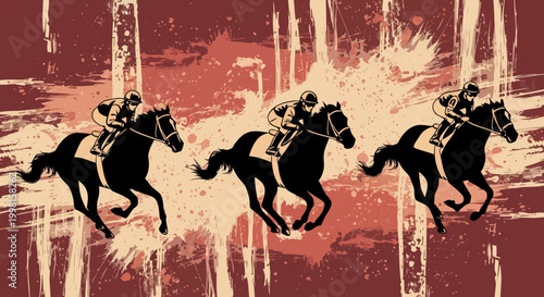 Dynamic Triple Horse Race Silhouette Illustration with Red Grunge Splatter Background