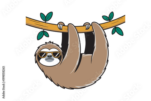 Cartoon sloth hanging from branch with sunglasses vector illustration on transparent background high-quality professional detailed modern elegant stylish clean crisp vibrant.