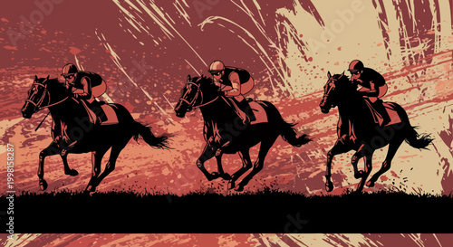 Dynamic illustration capturing the thrill and speed of a horse race with jockeys in silhouette against a vibrant, energetic background