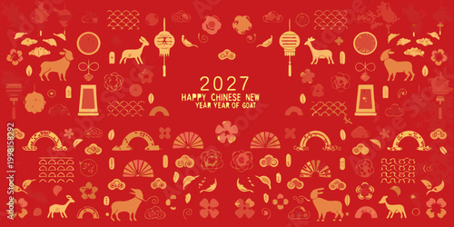 chinese new year pattern with goat and festive elements