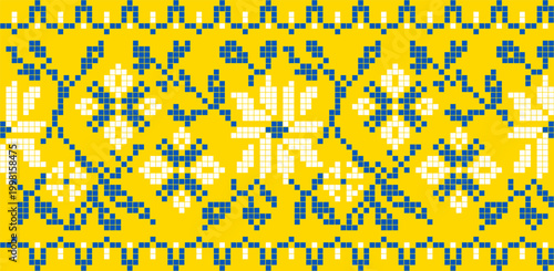 Ukrainian Vyshyvanka Seamless Border Yellow Background Blue and White Pixel Floral Ornament Traditional Folk Embroidery Pattern Ethnic Textile Design Geometric Repeat