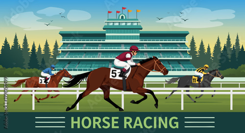 Horse Racing Jockeys and Horses Compete on the Track in a Thrilling Race