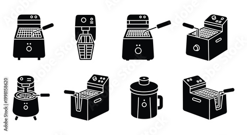 Flat vector set of deep fryers cooking pots and french fries