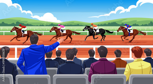 A lively horse race at a sunny racetrack with spectators cheering in the stands