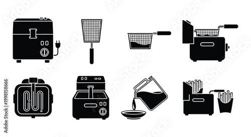 Flat vector set of deep fryers cooking pots and french fries