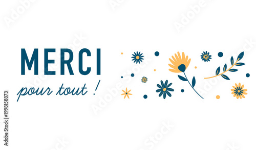 Carte de remerciement avec message “Merci pour tout”, design minimaliste avec éléments floraux. Idéal pour exprimer la gratitude dans un contexte personnel ou professionnel.