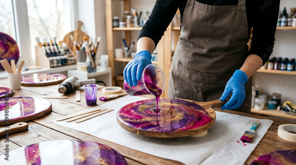 Fototapeta premium Artist wearing protective gloves pouring vibrant purple and gold liquid epoxy resin onto a wooden board in a creative art studio workshop for custom home decor project