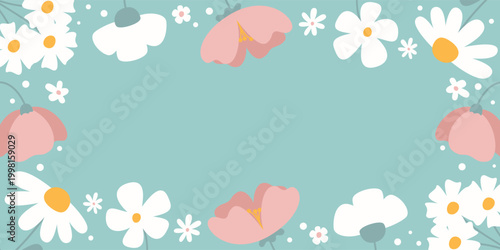 Floral Frame with Pink and White Flowers. Cute Spring Horizontal Background. Border with Copy Space in the center for text. 
