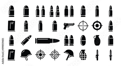 Flat vector icons of ammunition firearms and military equipment