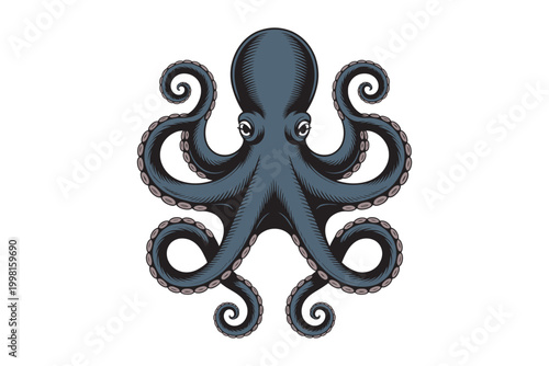 Detailed octopus illustration with swirling tentacles in dark blue tones on transparent background high-quality professional detailed modern elegant stylish clean crisp.