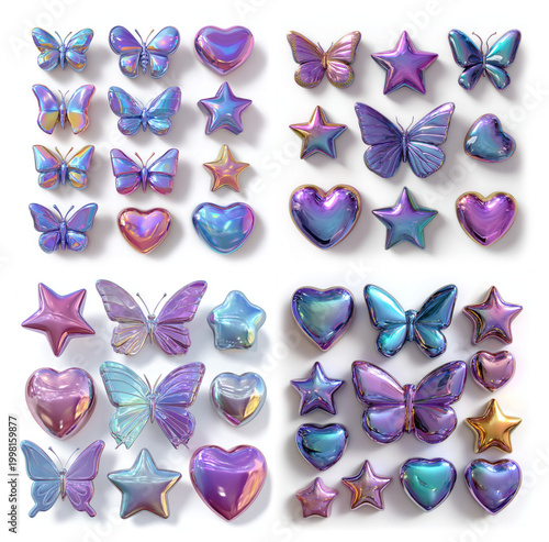 Set of y2k chrome butterflies, stars, and hearts, hollographic collection