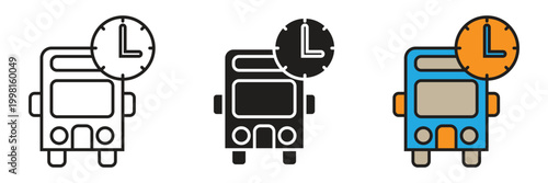 Bus with Clock Symbol. Front view bus icon with a clock symbol representing public transport schedules, arrival times, transit efficiency, and punctuality management.
