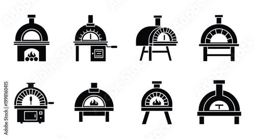 Pizza oven icons set black and white vector illustration