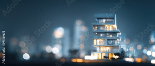 Modern residential building illuminated at night with city lights background