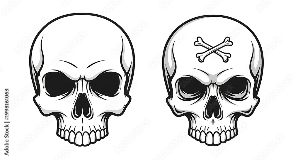 Obraz premium Black and white line of skulls with different expressions bone skeleton head face