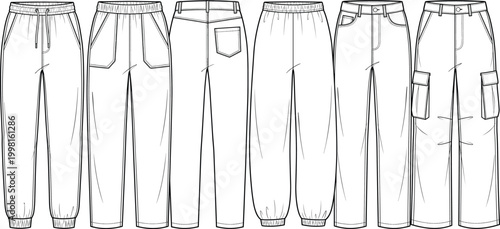 Cuadro en lienzo Collection of technical fashion flat sketches featuring men and women joggers ca