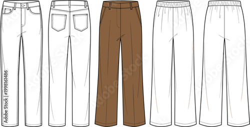 Set Of Women's Casual Pants And Denim Jeans Flat Vector Technical Sketch Template Featuring Trousers With Elastic Waist And Pockets