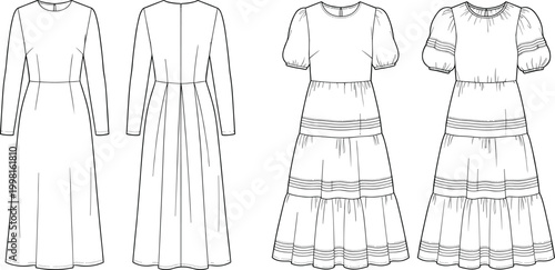 Women's Fashion Technical Sketch of Simple Long Sleeve Midi Dress and Puff Sleeve Tiered Pintuck Midi Dress Vector Illustrations Pack