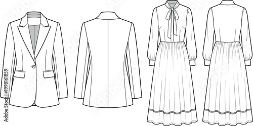 Women's Formal Blazer And Long Sleeve Bow Tie Dress Flat Vector Technical Sketch Template For Fashion Design And Apparel Manufacturing