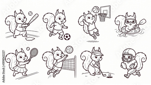 Collection set of Squirrel playing sport line art cartoon animal character playing sport vector illustration for kids and children's coloring exercise on white background, Kitten, Cat