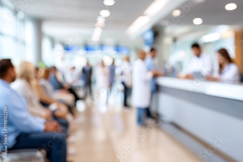 Blurred background of a hospital waiting room and reception desk. Defocused medical clinic interior with patients and doctors. Abstract healthcare concept for presentation or banner