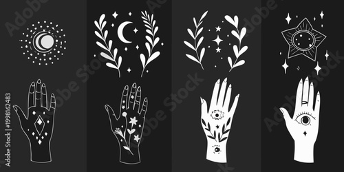 Hand illustrations with celestial symbols moon stars and botanical elements