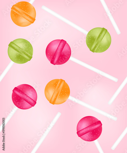 A pattern of lollipops in various flavors on a light pink background.