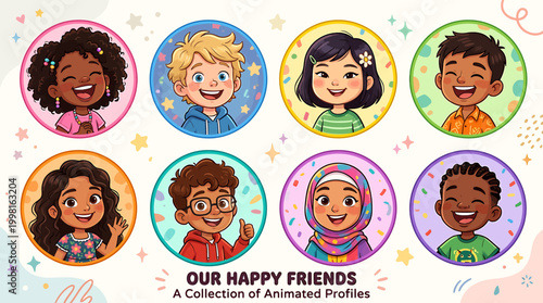 Diverse Group of Joyful Children Animated Profile Avatars Representing Global Childhood Happiness and Inclusive Friendship Communities